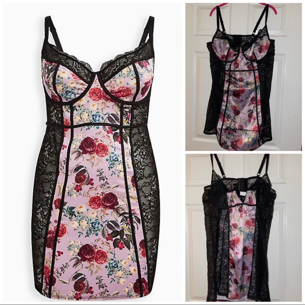 TORRID SATIN & LACE UNDERWIRE FLORAL PINK CHEMISE